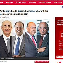 JPMorgan, AZ Capital, Credit Suisse, Santander y Lazard, los cinco grandes asesores en M&A en 2021